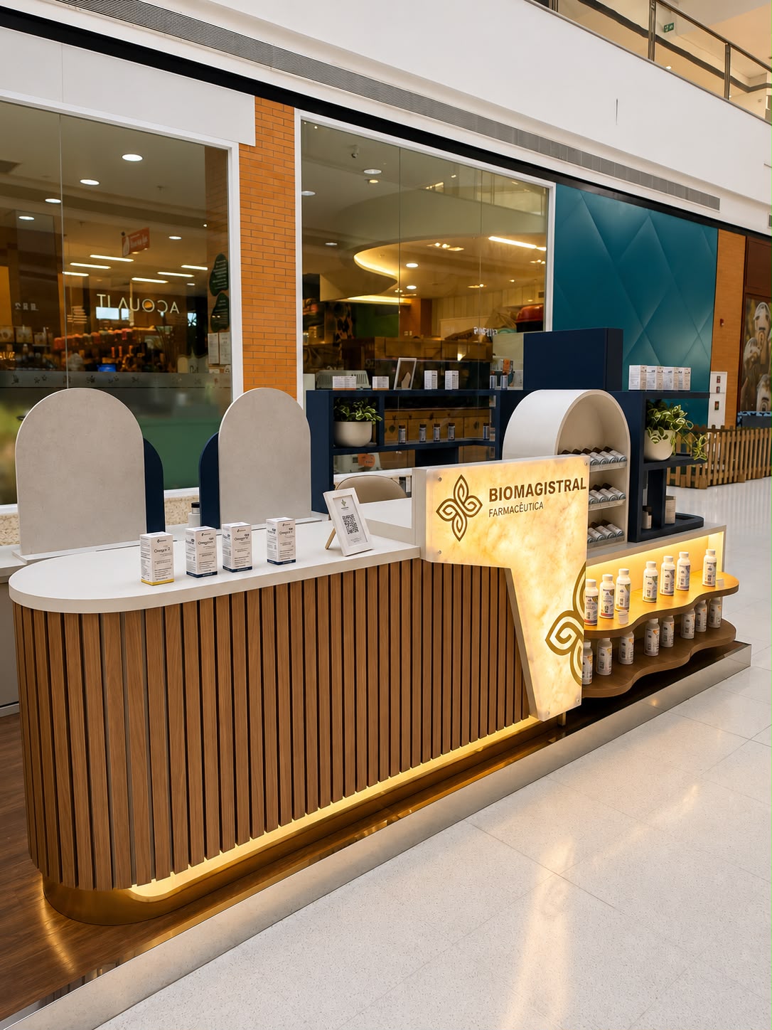 Balcão iluminado do quiosque Biomagistral com produtos expostos